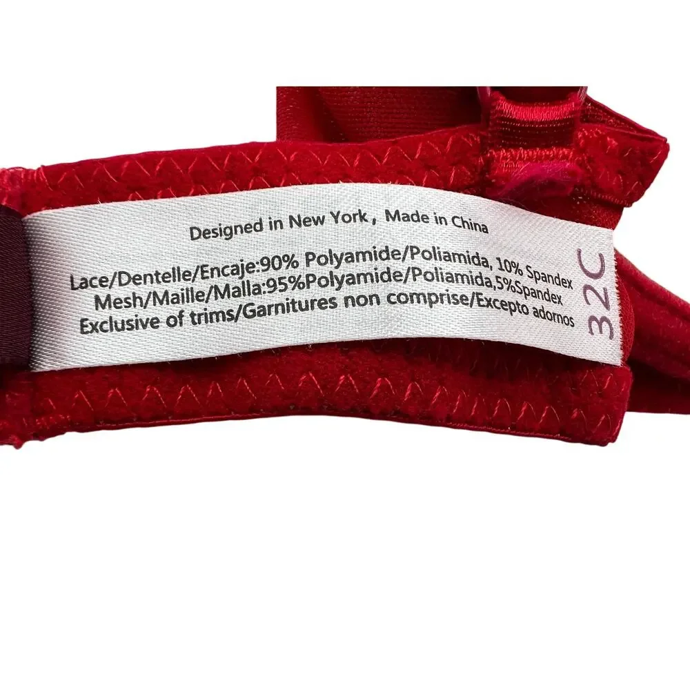 Adore Me Bra Lace Plunge Lightly Padded Underwire Back Closure Red 32C
